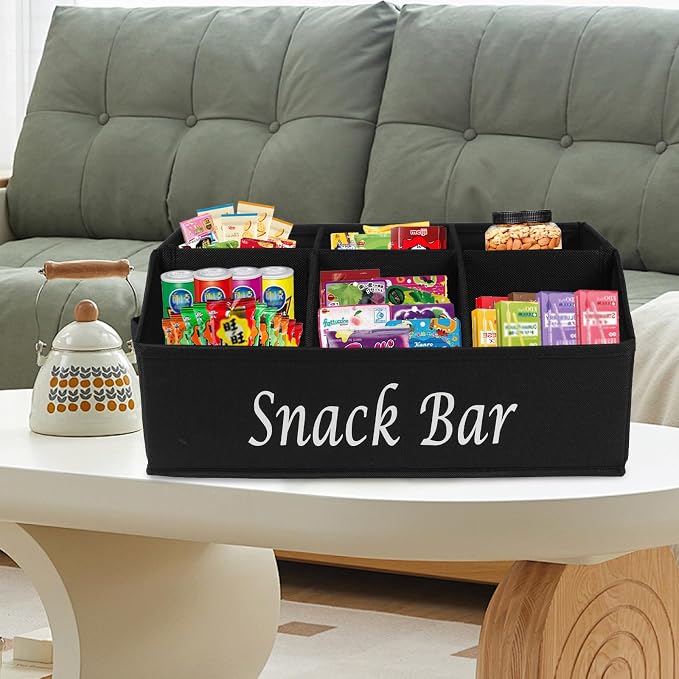 2 Pack Snack Organizer for Countertop With Handles - 6 Compartment Box Basket, Bar Station, Kitchen Cabinet Pantry Storage - Black - Image 4