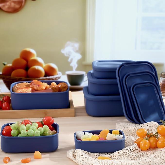 2 Sets of 6 Silicone Food Storage Containers, Reusable Lunch Bento Box with Lid, Hard Shell Storage Containers, Microwave Dishwasher Freezer Safe, 10 oz, 23.6 oz, 44 Ounce(Blue) - Image 4