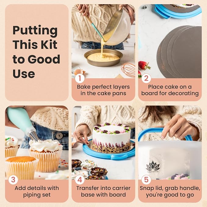 Cake Carrier with Lid and Handle – 10" Cake Storage Container with Baking Accessories, Cake Stand with Baking Pan, Cupcake Tray, Cake Boards & Piping Set - Image 7