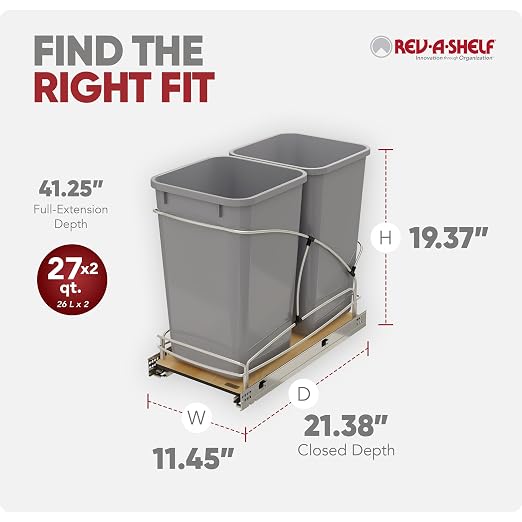 Rev-A-Shelf Double Pullout Trash Can w/Soft-Close Slides, 11.5" Min Opening | 27 QT Large Capacity Garbage/ Recycling Waste Bins for Under Kitchen Cabinets, Heavy Gauge Wire Construction 54WC-1527SC-17-1 - Image 3