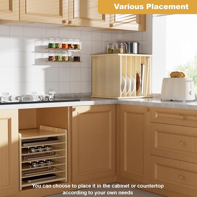 7 Tier Wooden Tray Dividers for Cabinets Cookie Sheet Organizer for Pot, Pans, Baking Tray Organizer for Kitchen Documents Storage(14" W x 16.5" H x 15.2" D) - Image 6