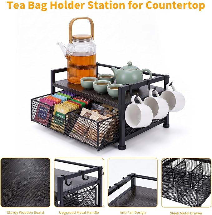 Tea Bag Organizer,Coffee Bar Organizer,Teabag Holder & Coffee Station with Storage Drawer,Wood Tea Station Chest Display Container Box for Countertop Kitchen (Grey) - Image 2