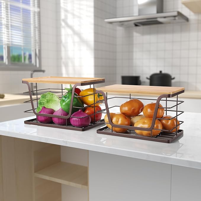 ALOCEO 2 Pack Stackable Wire Storage Basket with Bamboo Lid, Trash Bag Dispenser Under Sink for 4-13 Gal Bags, Kitchen Storage Bins for Potato and Onion, Brown - Image 2