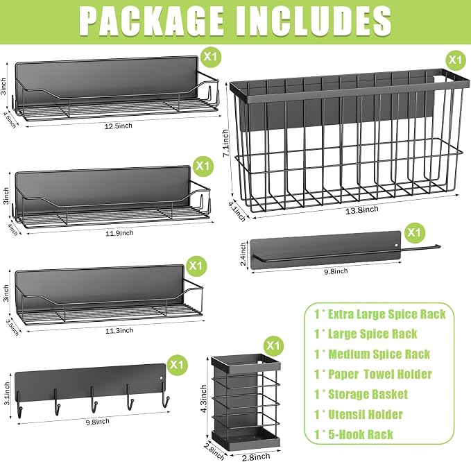 Magnetic Spice Rack for Refrigerator, 7 Pack Magnetic Fridge Shelf for Kitchen Organization Storage, Moveable Spice Organizer W/Paper Towel Holder, Utensil Caddy, Cutting Board Rack (Black) - Image 2