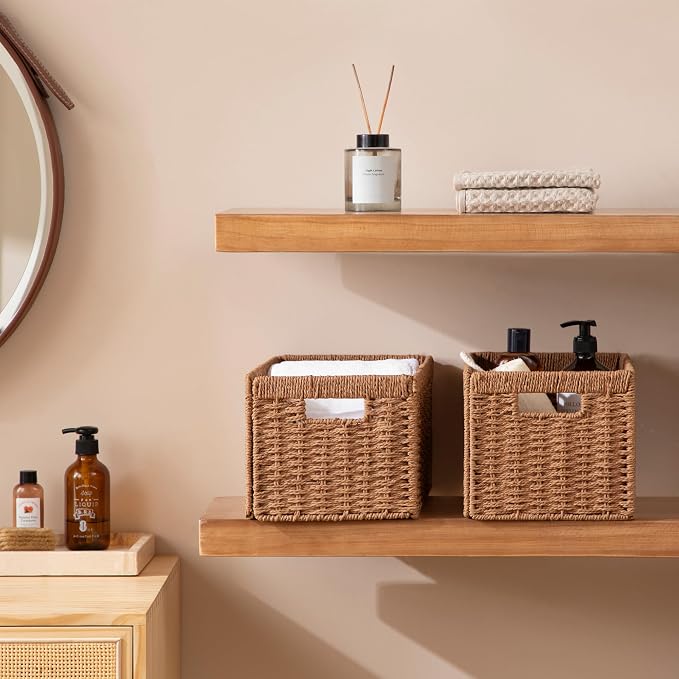 UBBCARE 2 Pack Wicker Basket, 13.4L×8.3H×7.1W inch Woven Paper Rope Storage Baskets for Shelves, Foldable Rectangular Storage Baskets with Handle, Storage Basket for Organizing, Caramel - Image 6