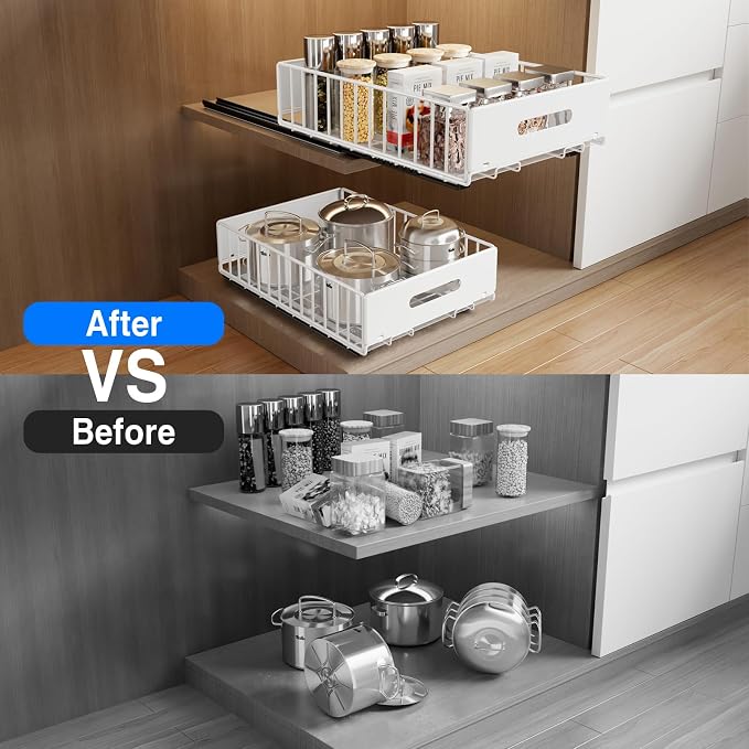 MUSTORN 2 Pack Pull Out Cabinet Organizer, Slide Out Cabinet Drawers Peel and Stick Pull Out Drawers Heavy Duty Pull Out Shelf for Kitchen, Cupboard, Pantry, Bathroom (16.5" D*11.8" W*3.94" H-White) - Image 5