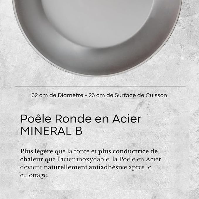 de Buyer MINERAL B Carbon Steel Fry Pan - 12.5” Diameter, 9” Cooking Surface - Ideal for Searing, Sauteing & Reheating - Naturally Non-Stick Finish - Made in France - Image 6