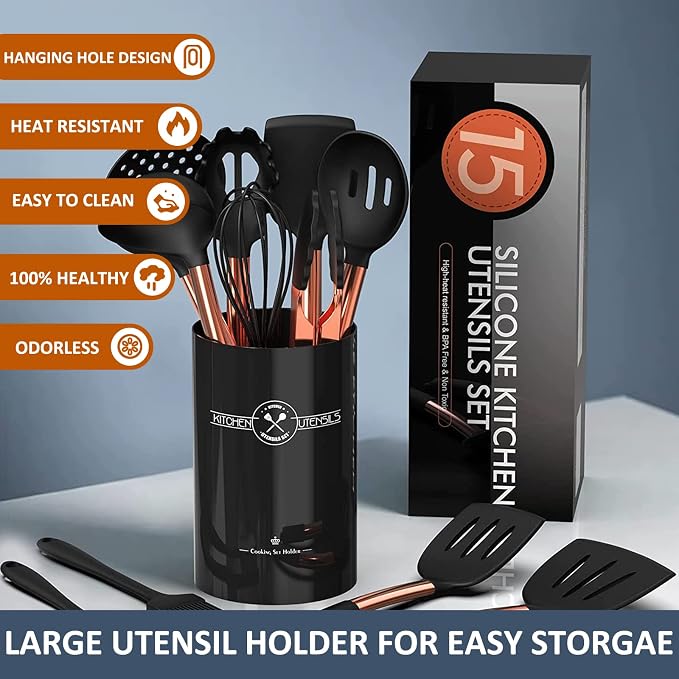 Silicone Cooking Utensil Set, Umite Chef Kitchen Utensils 15pcs Cooking Utensils Set Non-stick Silicone Rose Gold Handle Cooking Tools Whisk Kitchen Tools Set - Balck - Image 5