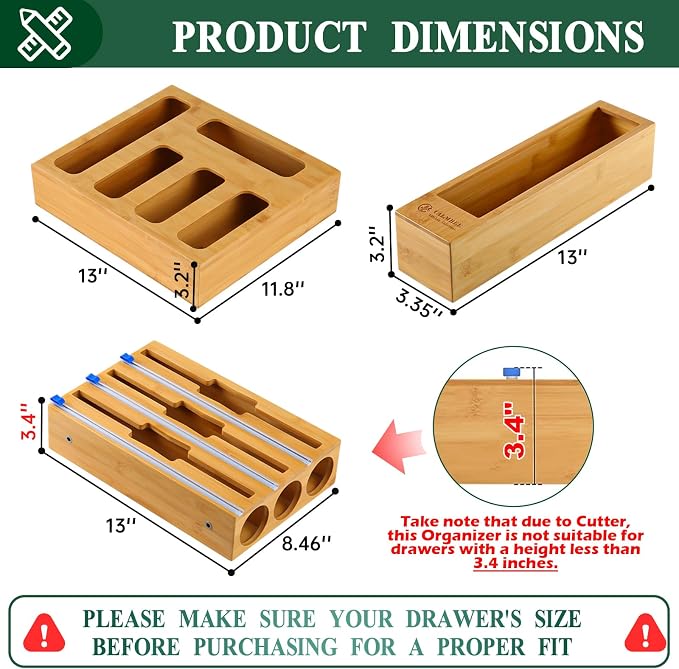 Calmbee 9 in 1 Bamboo Storage Bag Organizer for Kitchen Drawer – Plastic Wrap Dispenser with Cutter & Foil Organizer, Wooden Baggie Organizer for Sandwich, Snack, Gallon, Quart Sizes, Natural - Image 2