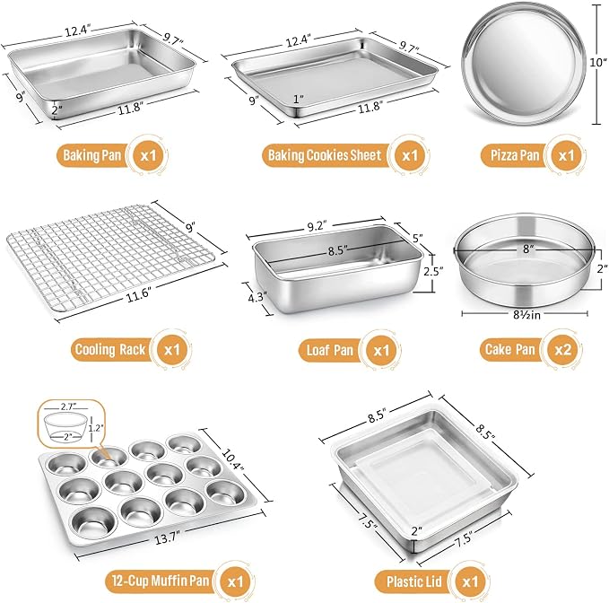 E-far 10-Piece Baking Pans set, Stainless Steel Bakeware Set for Oven, Include Cake Pan/Baking Cookie Sheet/Pizza/Muffin/Loaf Pan, Non-Toxic & Heavy Duty, Dishwasher Safe - Image 2