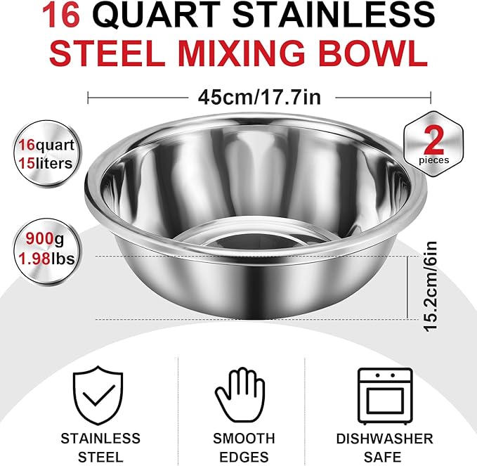 FillTouch 2 Pack Large Mixing Bowl 16 Qt Oversized All Purpose 304 Stainless Steel Polished Mirror Flat Base Metal Bowl for Home or Commercial Prepping Baking Mixing Marinating - Image 2