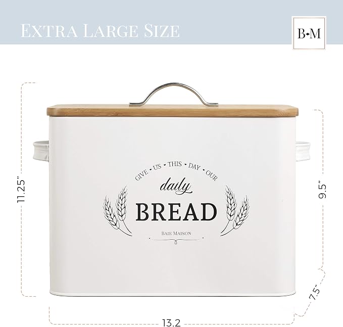 Baie Maison Extra Large White Farmhouse Bread Box for Kitchen Countertop - Breadbox Holder Fits 2+ Loaves - Bread Storage Container Bin - Rustic Bread Keeper Vintage Metal Kitchen Decor for Counter - Image 3