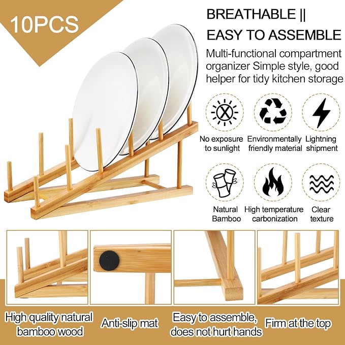 10 Pcs Wooden Bamboo Dish Drying Rack Kitchen Cabinet Organizer for Cabinet Cutting Board Display Stand for Dish Plate Bowl Water Bottles Cup Pot Lid Cutting Board - Image 3