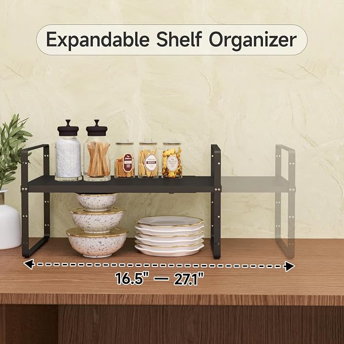 Expandable Stackable Cabinet Shelves, 16.5-27''L, Black | 10.2"W x 9.6"H, Adjustable Spice Rack, For Kitchen, Countertop, Pantry and Cupboard - Image 6