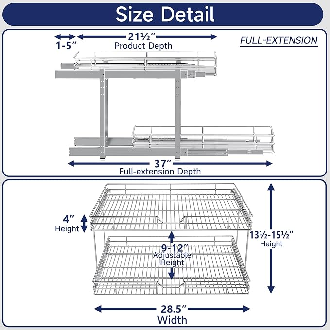2-Tier Pull Out Cabinet Organizer, 28.5" W x 21.5" D, Heavy Duty Dual Slide Out Shelves for Wide Base Cabinets, Chrome Wire Basket Drawer for Pots, Pans, Pantry & Cleaning Supplies - Image 2