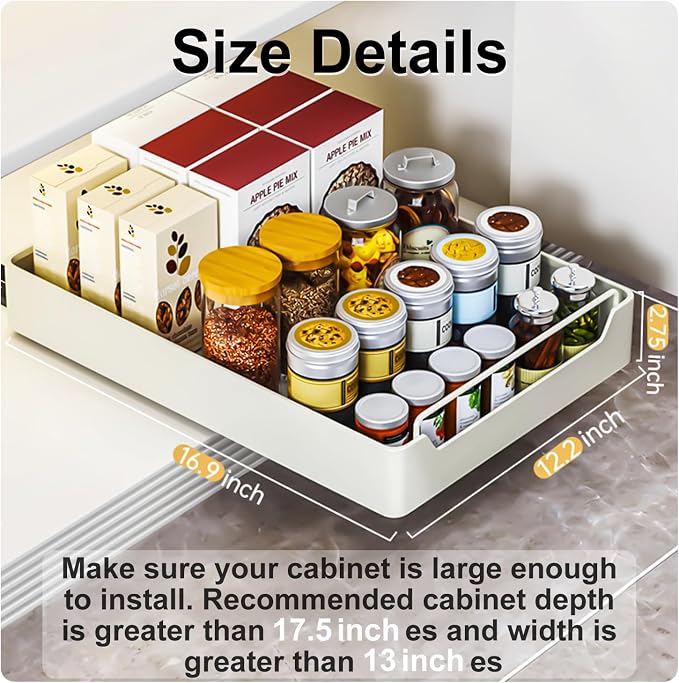 Pull Out Cabinet Organizer Fixed with Adhesive Nano Film, Heavy Duty Slide Out Pantry Shelves, Sliding Drawer Pantry Shelf for Kitchen, Living Room, Home,12.2" W x16.9 D x 2.75" H - Image 3