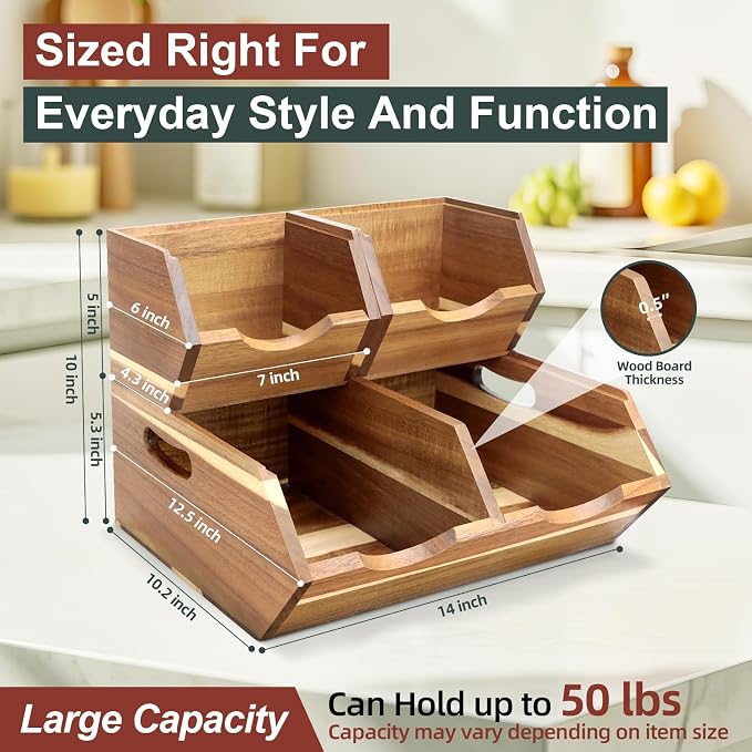 Acacia Wood Pantry Storage Bins, Stackable 3-piece set | Moisture-resistant hardwood with ventilated open front. Stores potatoes, onions, vegetables, and fruits on countertop - Image 4