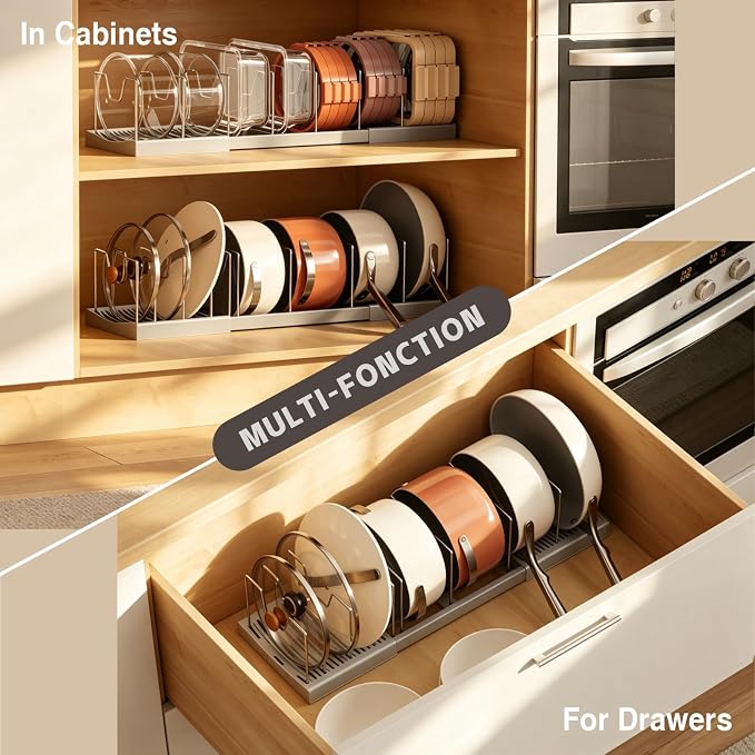Magheo 2 Pack Pots and Pans Organizer Under Cabinet, Expandable 12.6"-22.8" Kitchen Cabinet Organizer Holder with 10 Adjustable Dividers for Food Storage Container Lid, Cookie Sheet, Cookware(Gray) - Image 8