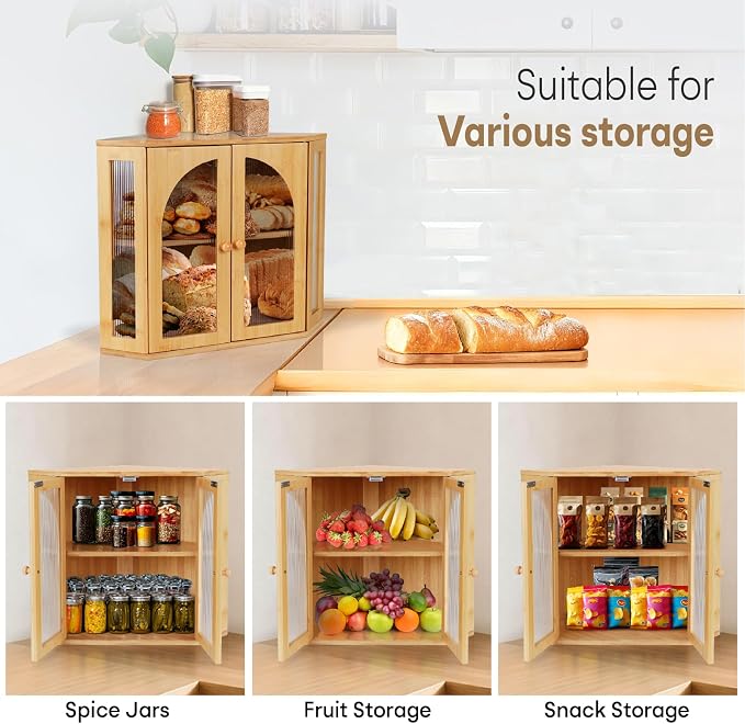 Corner Bread Box for Kitchen Countertop,Double Layer Bread Holder | 3 Adjustable Height, Large Capacity, Magnetic Acrylic Door, Bamboo Bread Storage Container for Homemade Bread, Natural - Image 7
