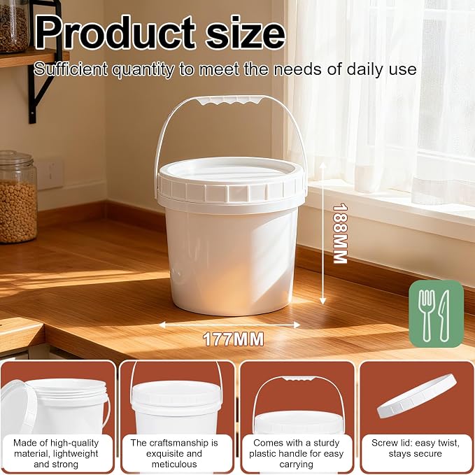 4 Pack 1 Gallon Plastic Buckets with Screw Lids & Handle, Food Grade Storage Containers for Kitchen, Freezer - Reusable White Plastic Bucket Set - Image 3