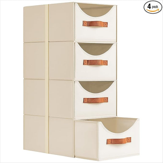 Stackable Storage Drawers - Collapsible Storage Bins with Drawers, 4 Pack Closet Shelf Organizer Basket, Fabric Pull Out Organizer for Bedroom, Living Room, Dorm, Beige by Homsorout