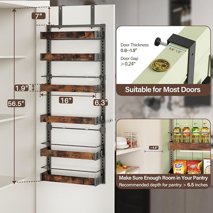 6 Tier Over The Door Pantry Organizer, 2 IN 1 Wall Mount or Metal Hanging Spice Rack for Pantry Organizers and Storage, Seasoning Shelves，Adjustable Basket with Hooks for Kitchen Cabinet and Closet - Image 2