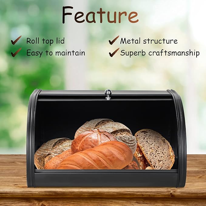 Metal Bread Boxes, Bread Box Storage Bin Kitchen Container with Roll Top Lid Iron Countertop Containers Metal Food Storage Bread Keeper Large Capacity Home Kitchen Counter (Black) - Image 3