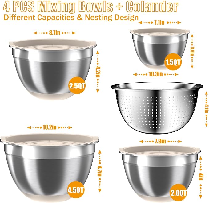 Mixing Bowls with Airtight Lids Set, 4 Stainless Steel Bowls Nesting Bowls & Colander, Kitchen Organizers and Storage Non-Slip Bottom, Size 1.5/2.0/2.5/4.5QT, Great for Mixing & Serving, Khaki - Image 2