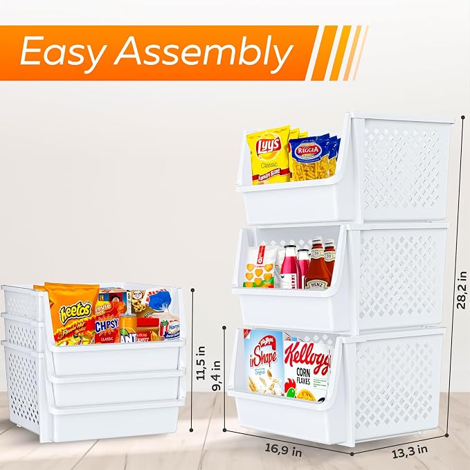 XLarge Stackable Storage Bins Open Front for Pantry Storage, 6 Pack - White | Sturdy Plastic, Easy Stacking, Open Front Access, Ventilated Sides, Vertical & Space Saving Pantry Organizers and Storage Bin - Image 2