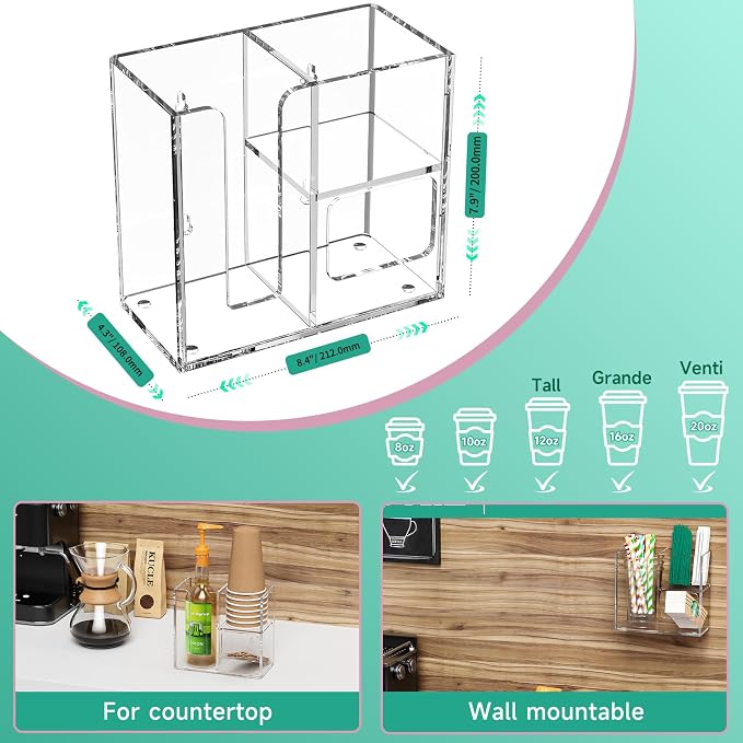 2-Tier Coffee Station Organizer for Countertop, 3 Compartments Clear Acrylic Cup and Lid Holder Tea Condiment Storage Upright Coffee Bar Organizer Pod Dispenser for Office Breakroom Home Kitchen - Image 5