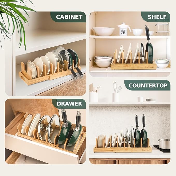 Wisreach Bamboo Pot Lid Organizer, Adjustable Kitchen Organizer for Cabinet, Expandable Pot and Pan Storage Rack, Kitchen Organization for Lids, Bakeware, and Cutting Boards - Image 7