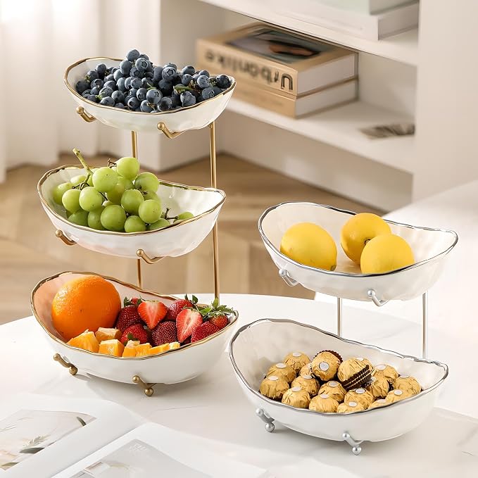 White Fruit Bowl with Silver Metal Stand, 2 Tier Modern Ceramic Fruit Bowl Fruit Rack for Kitchen Counter, Tiered Fruit Basket for Snacks Bread Candy Storage (White B,2 Tier) - Image 3
