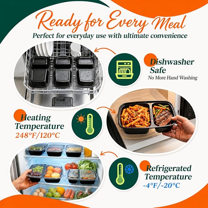 Glotoch 100 Pack(200-Piece)32oz 2-Compartment Meal Prep Containers with Lid | Food Storage Containers with Lids,Microwave Freezer Dishwasher Safe,Sturdy Leakproof&BPA Free Bento Box for To Go Take Out - Image 4