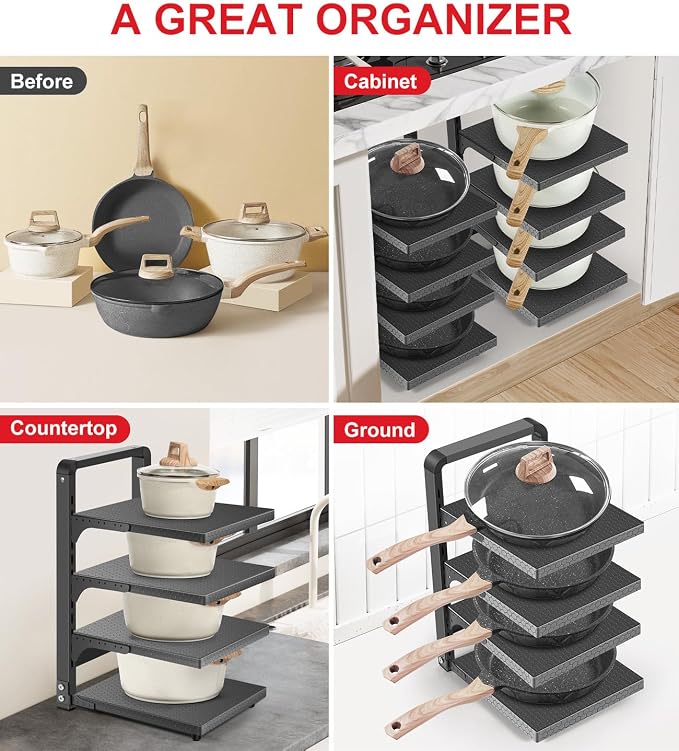 Pots and Pans Organizer under Cabinet, Heavy Duty Pan Organizers for Cabinet & Counter, 4 Tier Adjustable Pan & Pot Rack for Kitchen Cabinet Organizers and Storage - Image 6