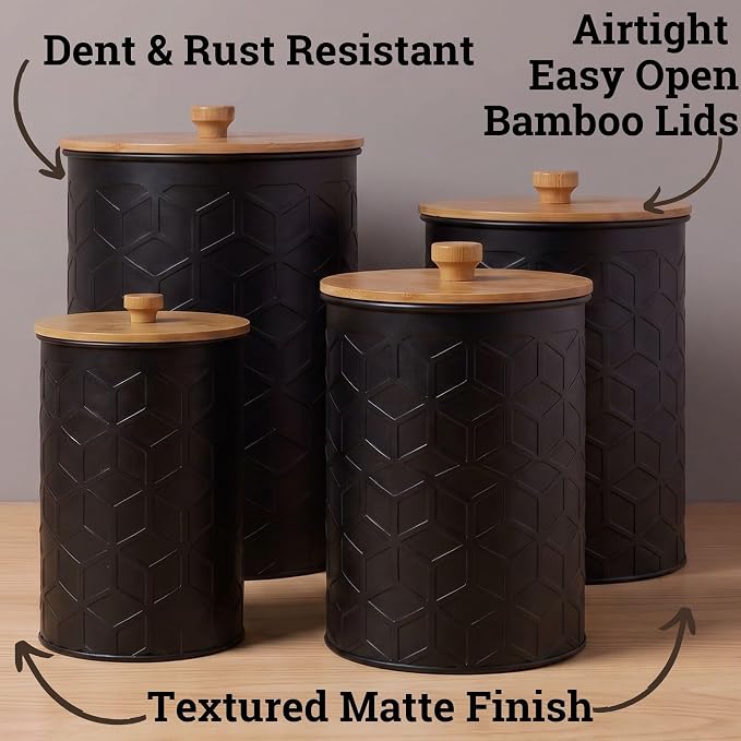 Kitchen Canisters for Countertop Set of 4, Textured Iron w/ Airtight Lids | Airtight Easy Open Bamboo Lids - Dent-Resistant Thick Metal - Sturdy Comfortable Bamboo Handles - Raised Textured Pattern - Image 2