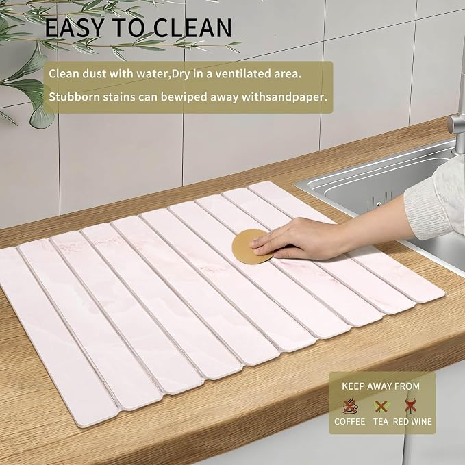 Stone Dish Drying Mat - Large Foldable Marbled Quick Drying Dish Mats With Stone Coasters Set of 4 Collapsible Ultra Absorbent Diatomaceous Earth Mats for Kitchen Counter Bathroom (Pink) - Image 7