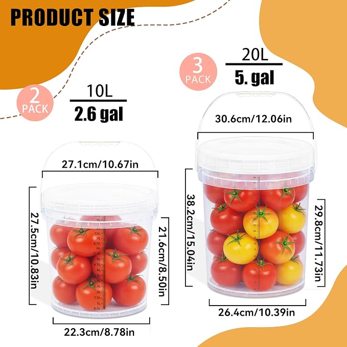 5 Gallon Bucket with Lid & 2.6 Gal Plastic Food Storage Containers, 5 Pack Clear Buckets with Lids, Food Grade Pail for Ice Cream, Dog Food, Water, Large Quart Container with Handle - Image 3