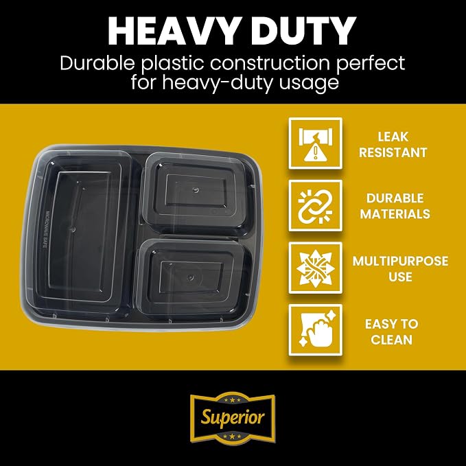 Superior 10 Pack Meal Prep Containers - 32oz Reusable 3 Compartment Food Containers–Microwave and Dishwasher Safe Prep Plastic Food Containers with Lid Divided Bento Box Lunch Tray - Image 2