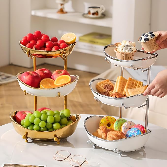 XUDREZ 3 Tier Fruit Bowl for Kitchen Counter with Metal Stand, Ceramic White Gold, Tiered Fruit Basket for Nuts, Snacks, Bread, Candy Storage (Gold) - Image 5