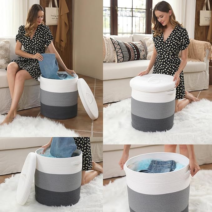 16x18 Inch Extra Large Round Cotton Rope Storage Basket with Lid, Decorative Woven Bin with Cover for Living Room Bedroom Closet, Grey & Dark Grey - Image 7