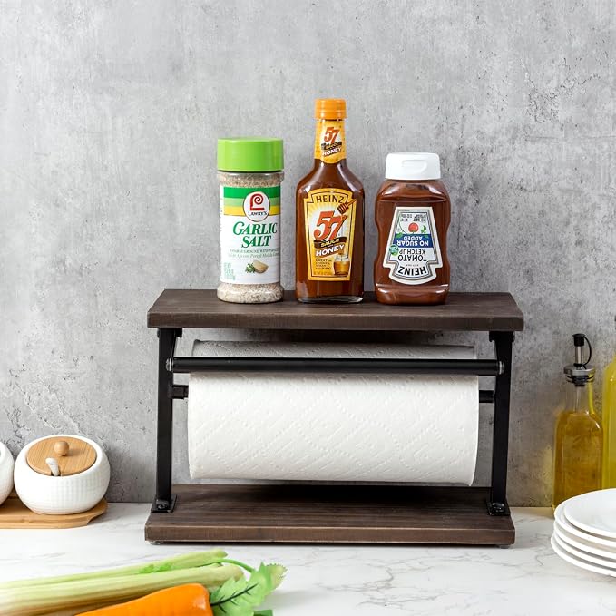 MyGift Kitchen Countertop Paper Towel Holder and Condiment Display Shelf Rack, Rustic Burnt Wood and Metal Towel Dispenser with Top Shelf for Bathroom or Kitchen - Image 3