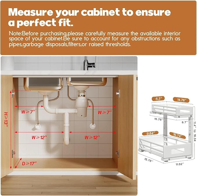L-Shaped Metal Under Sink Organizer, 2-Tier Double Pull-Out Cabinet Organizer for Kitchen & Bathroom Storage, Height Adjustable, Smooth Cylinder Rail, White, 2 Packs - Image 2