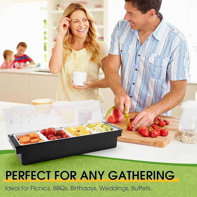 Ice Cooled Condiment Caddy with Lid, 4 Compartments | Under-tray ice space for chilling, removable trays for quick refill, Portable,for fruit veggies sauces, bars buffets parties - Image 6