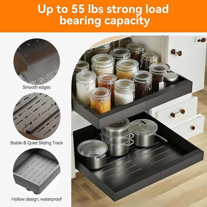2 Pack 21'' Deep Pull Out Cabinet Organizer Expandable Width (12.6'' to 21'') Slide Out Drawers Pull Out Drawers Fixed with Adhesive Nano Film or Nail for Kitchen Bathroom Organization, Black - Image 3