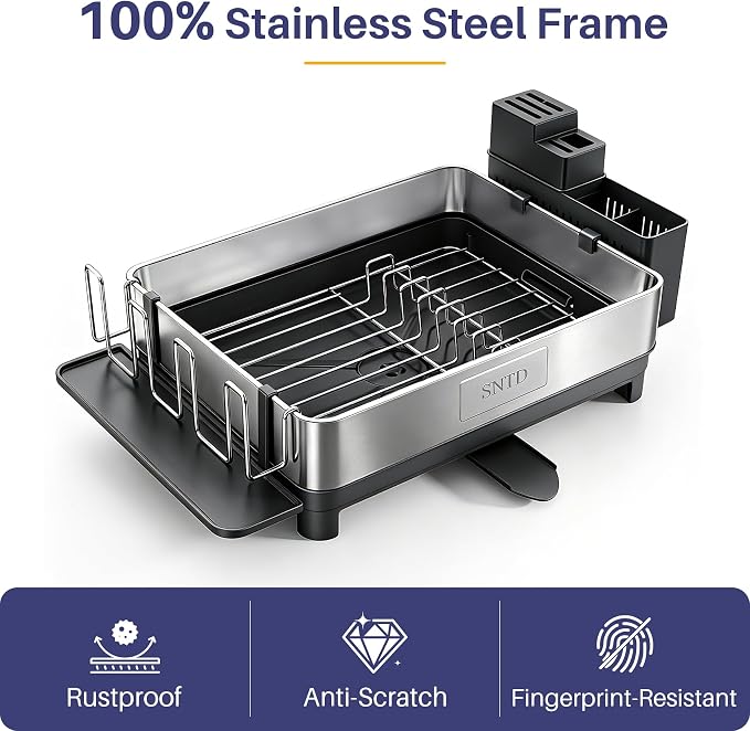 SNTD 304 Stainless Steel Dish Drying Rack for Small Kitchen Counter, Black | Rustproof, Large Capacity, Heavy-Duty Frame, Rotating Spout, Angled Drainboard, Removable Cup & Utensil Holder - Image 4