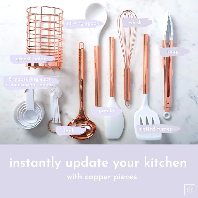 Styled Settings Copper Kitchen Utensils Set with Holder, 17-Piece | Cooking Tools for Nonstick Cookware, with Measuring Cups, Spoons, & Utensil Holder - Stylish Copper Kitchen Accessories - Image 2