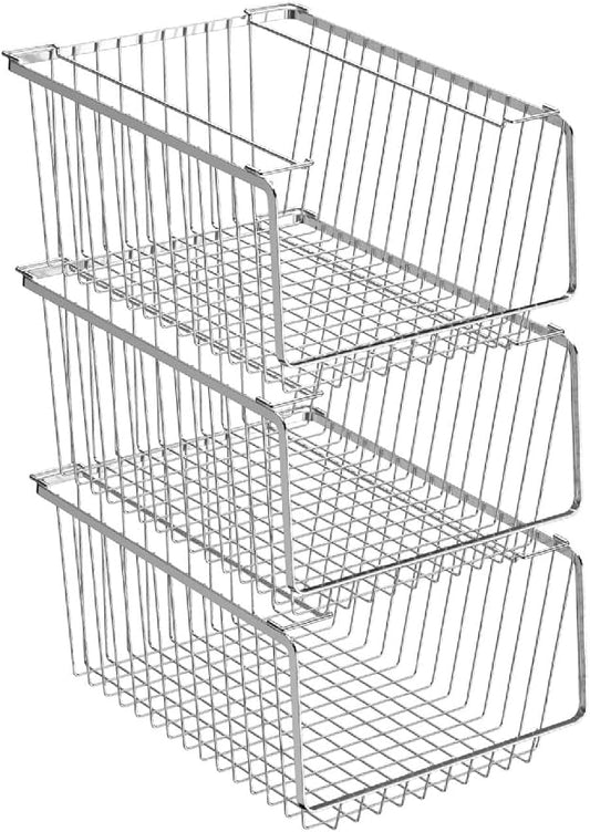 Wire Storage Baskets Stackable Refrigerator Organizer Bins Sturdy Metal Wire Bin Baskets Organization Baskets for Storage with Handles for Kitchen, Closets, Bathroom, Cabinets -Set of 3 by blitzlabs