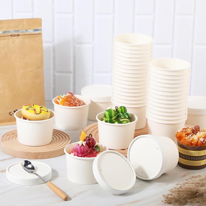 Fulmoon 100 Pack Paper Soup Containers with Lids Disposable Paper Food Containers with Vented Lid Kraft Ice Cream Cake Dessert Cups Soup Bowl for Party Hot Food Fruit Microwave(8 oz,White) - Image 4