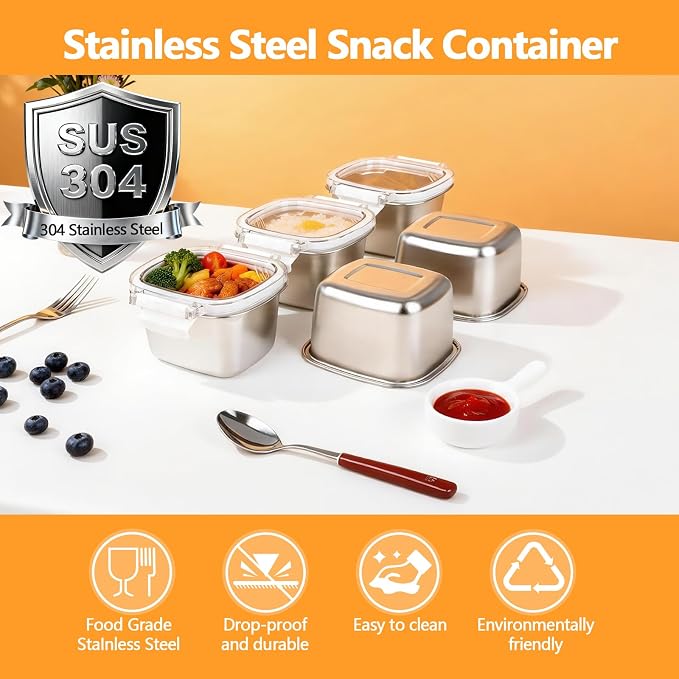 3 Pack Stainless Steel Food Storage Containers with Lids - 15.22 oz Small Snack Boxes & Lunch Containers, Shatterproof Leakproof Freezer Safe Meal Prep Containers for Portioning Snacks, Dips - Image 2