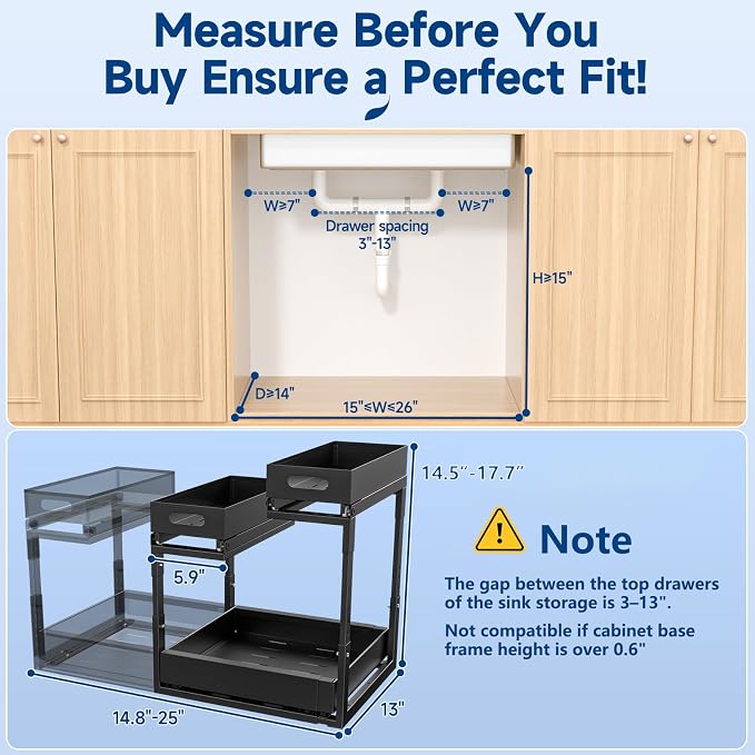 Insputer Upgrade Expandable Under Sink Organizer, 2 Tier Metal Under Cabinet Storage with 3 Slide Rails, Height Adjustable, Thickened Pull Out Drawer Shelf for Bathroom, Kitchen, Laundry, Pantry - Image 6